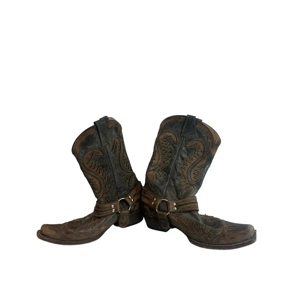 Stetson Outlaw Crackle Harness Western Boots Sz 11.5D Brown Gray Cowboy Leather